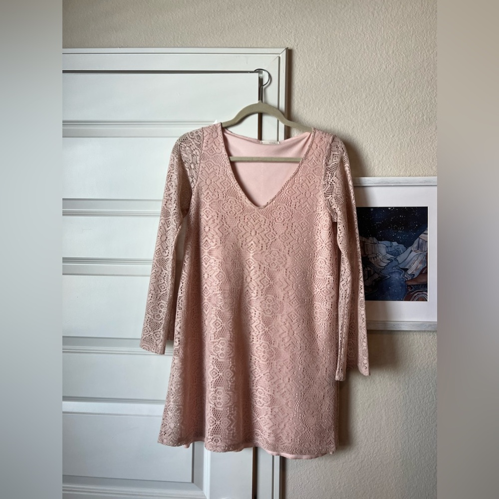 Short Flare Sleeve Pink Blush Dress Crochet